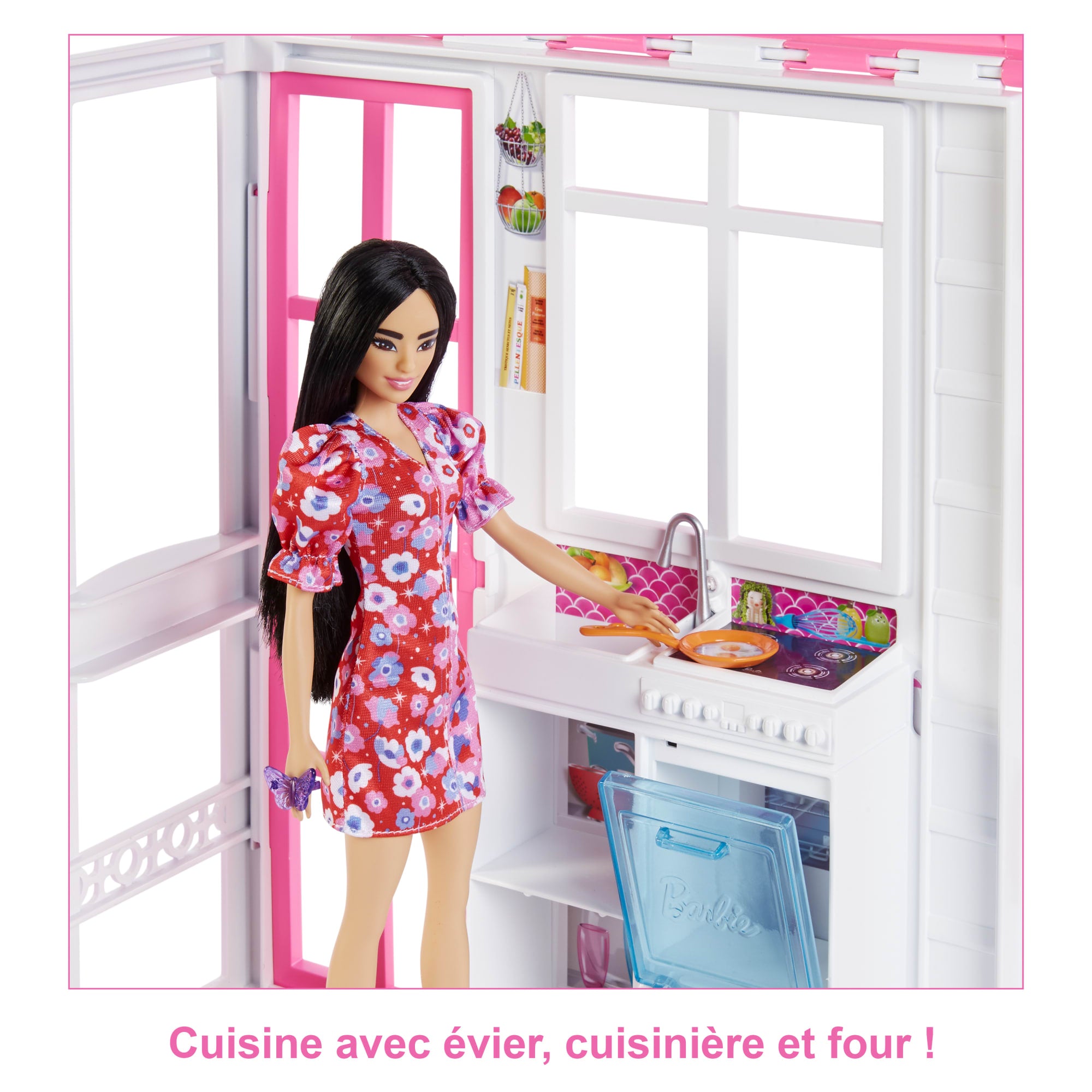 Barbie Mobilier Coffret Maison transformable, 2 niveaux, meublée