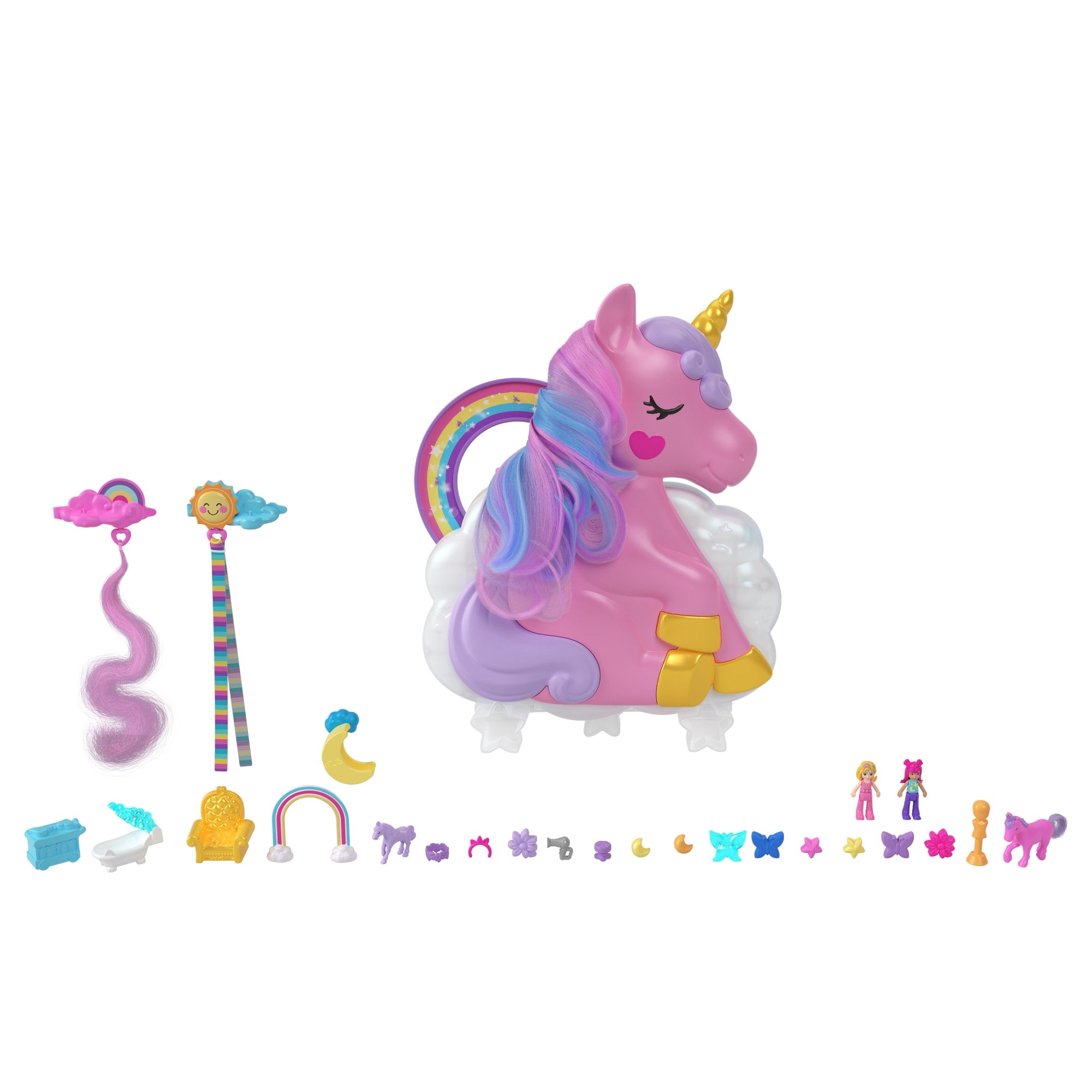 Polly Pocket Salone di Bellezza Unicorno Arcobaleno Playset con 2 mini  bambole, testa pettinabile e oltre 20 accessori, HKV51