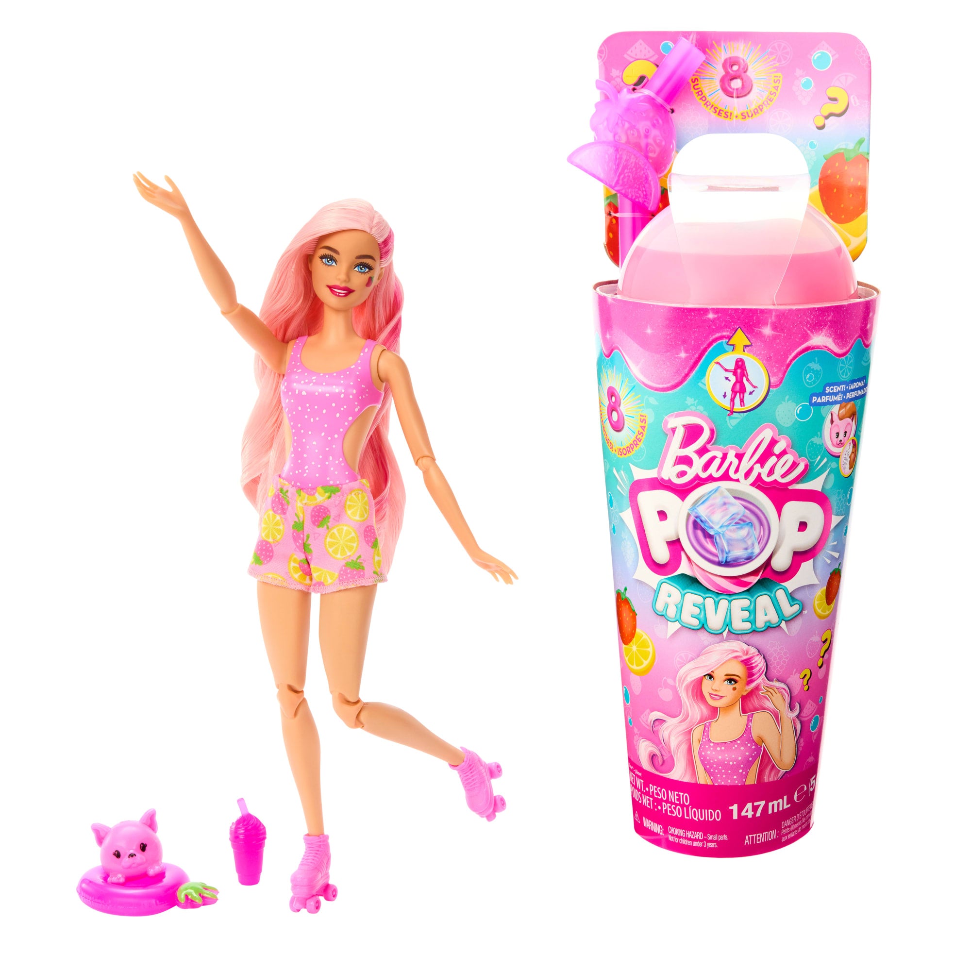 barbie pop! reveal serie frutta bambola, tema limonata di fragole con 8  sorprese tra cui cucciolo e accessori slim - Toys Center