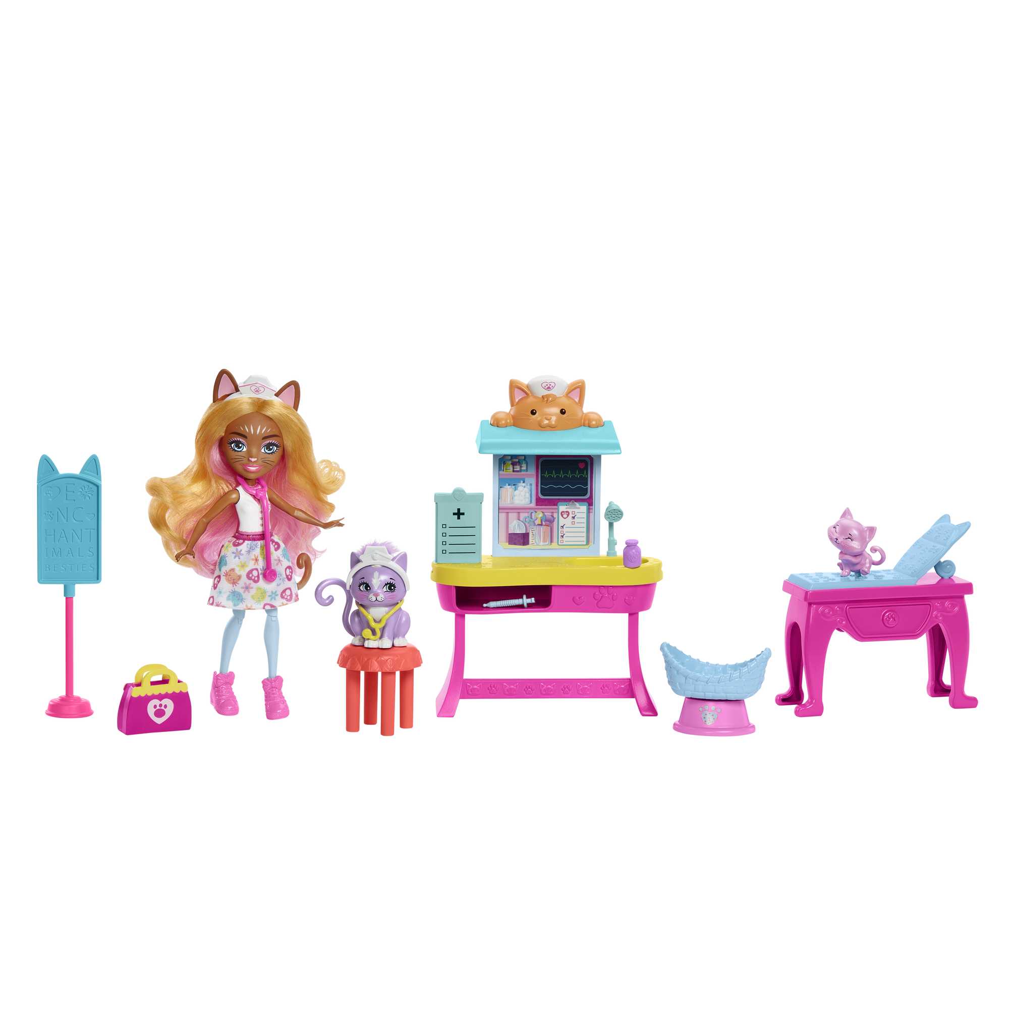 Enchantimals™ Muñeca y conjunto de juego | City Tails™ | Clínica Bienestar  con muñeca, figura de gatito, muebles y accesorios | Regalos para niños y  niñas | HLH22 | MATTEL