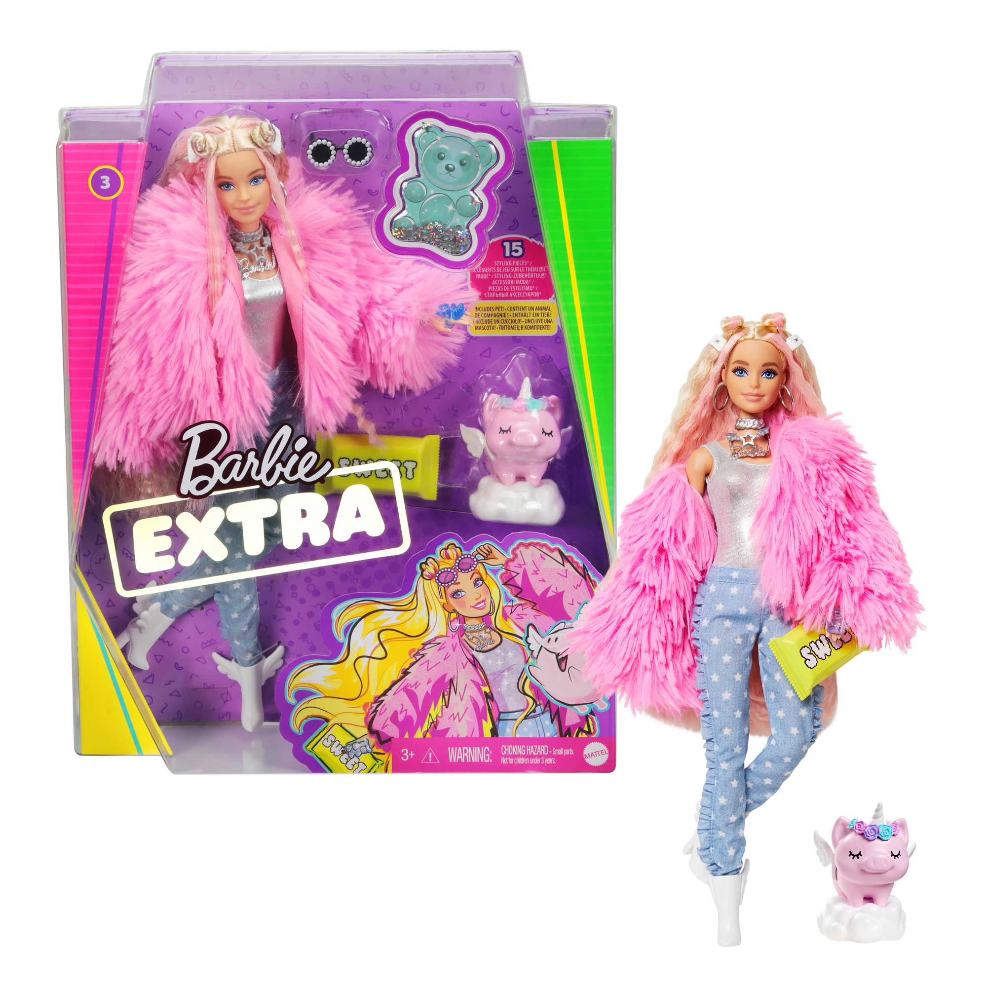 Barbie Extra Doll in Pink Fluffy Coat with Unicorn-Pig Toy, GRN28