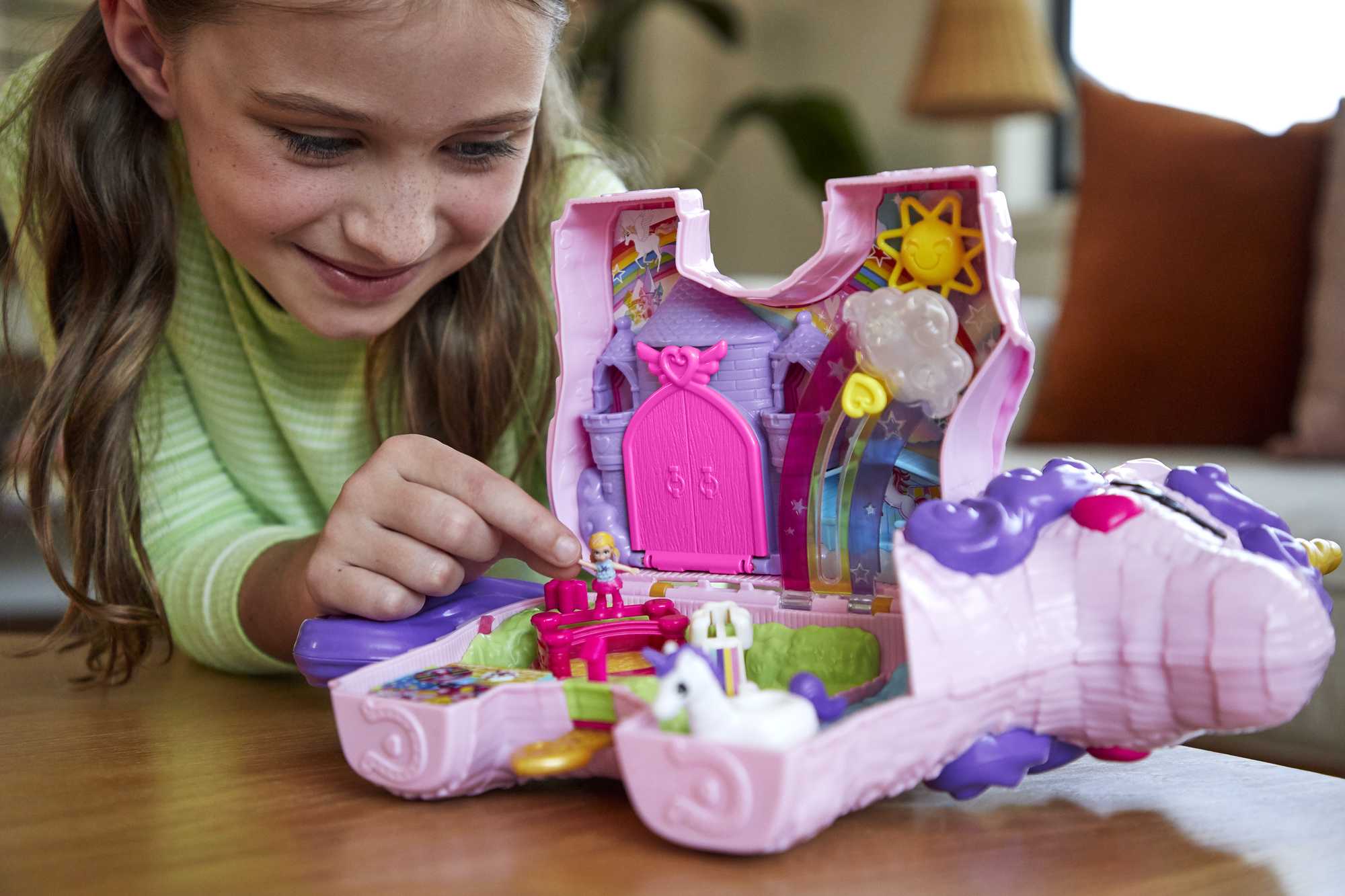 Polly Pocket 2-in-1 Unicorn Party Travel Toy, Large Compact with 2 Dolls &  25 Surprise Accessories 