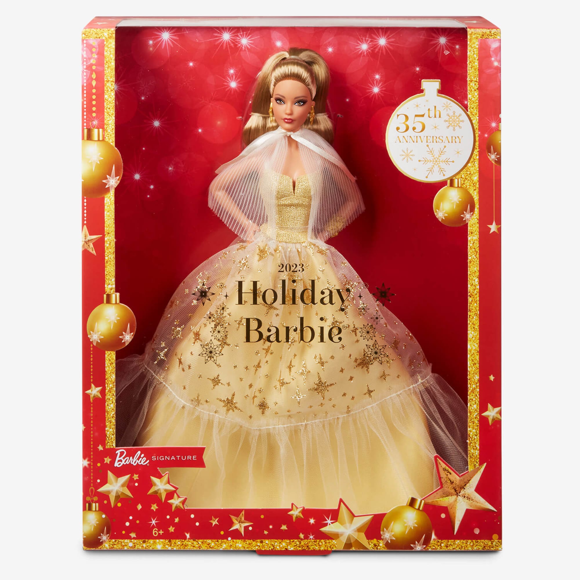 Barbie Magia delle Feste 2023, bambola, regalo per collezionisti per le  feste, abito dorato e capelli castano chiaro, HJX06