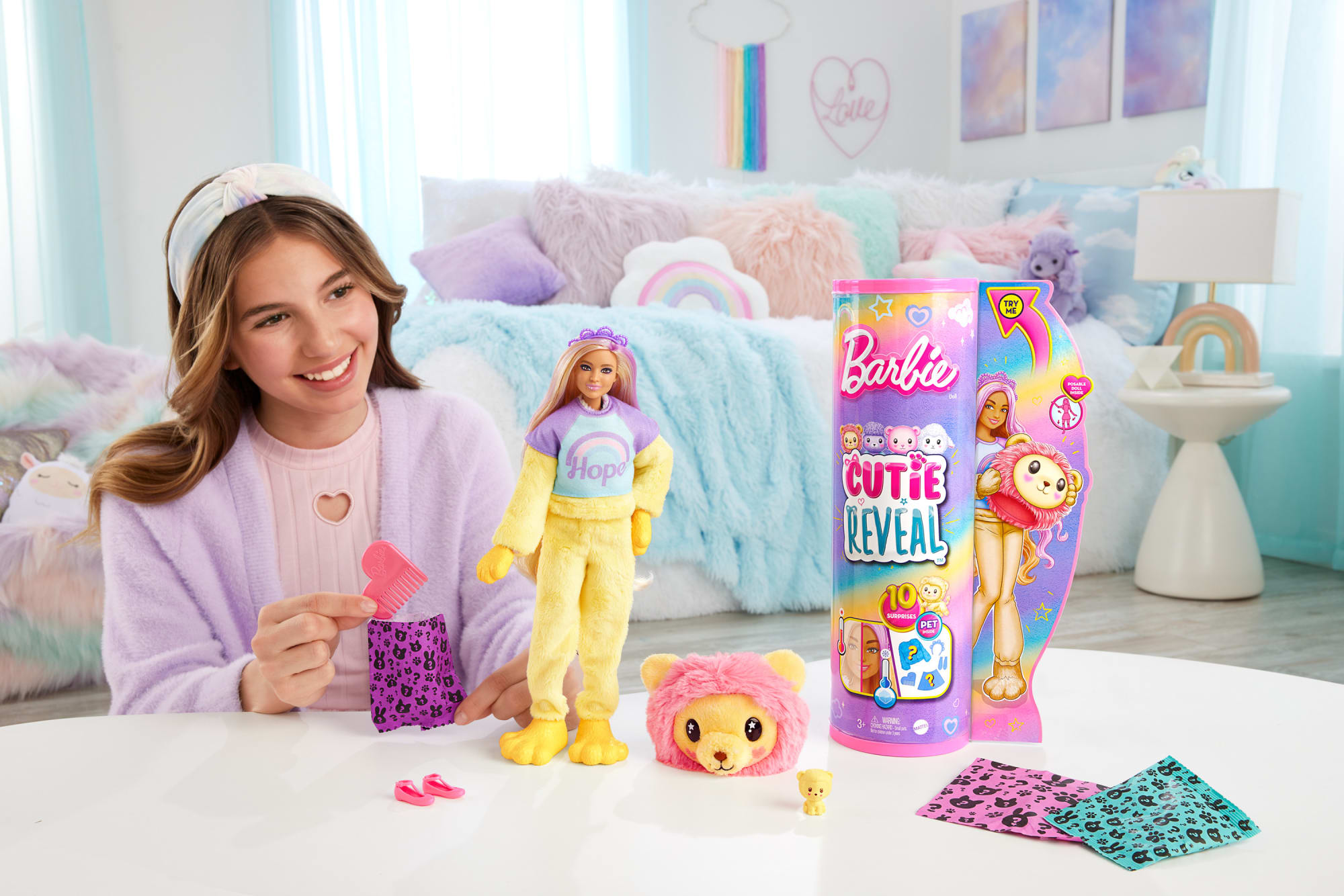  Barbie Cutie Reveal Doll & Accessories, Lamb Plush Costume & 10  Surprises Including Color Change, “Dream” Cozy Cute Tees : Everything Else