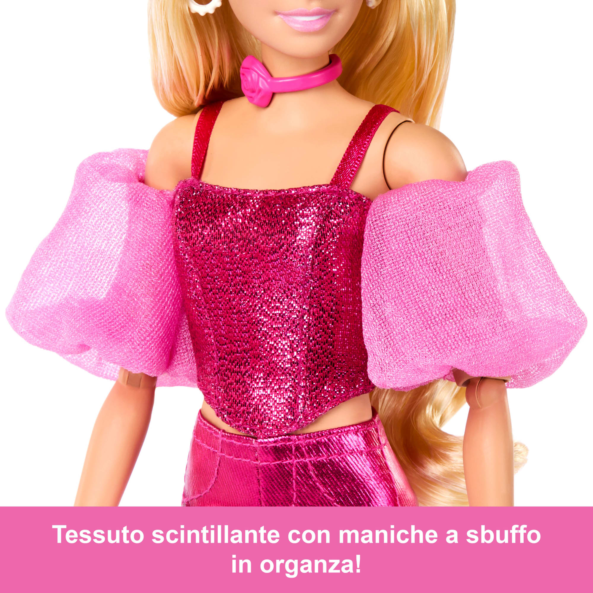 Barbie Fashionista Deluxe Metallic Bionda con Vestito Rosa Mattel