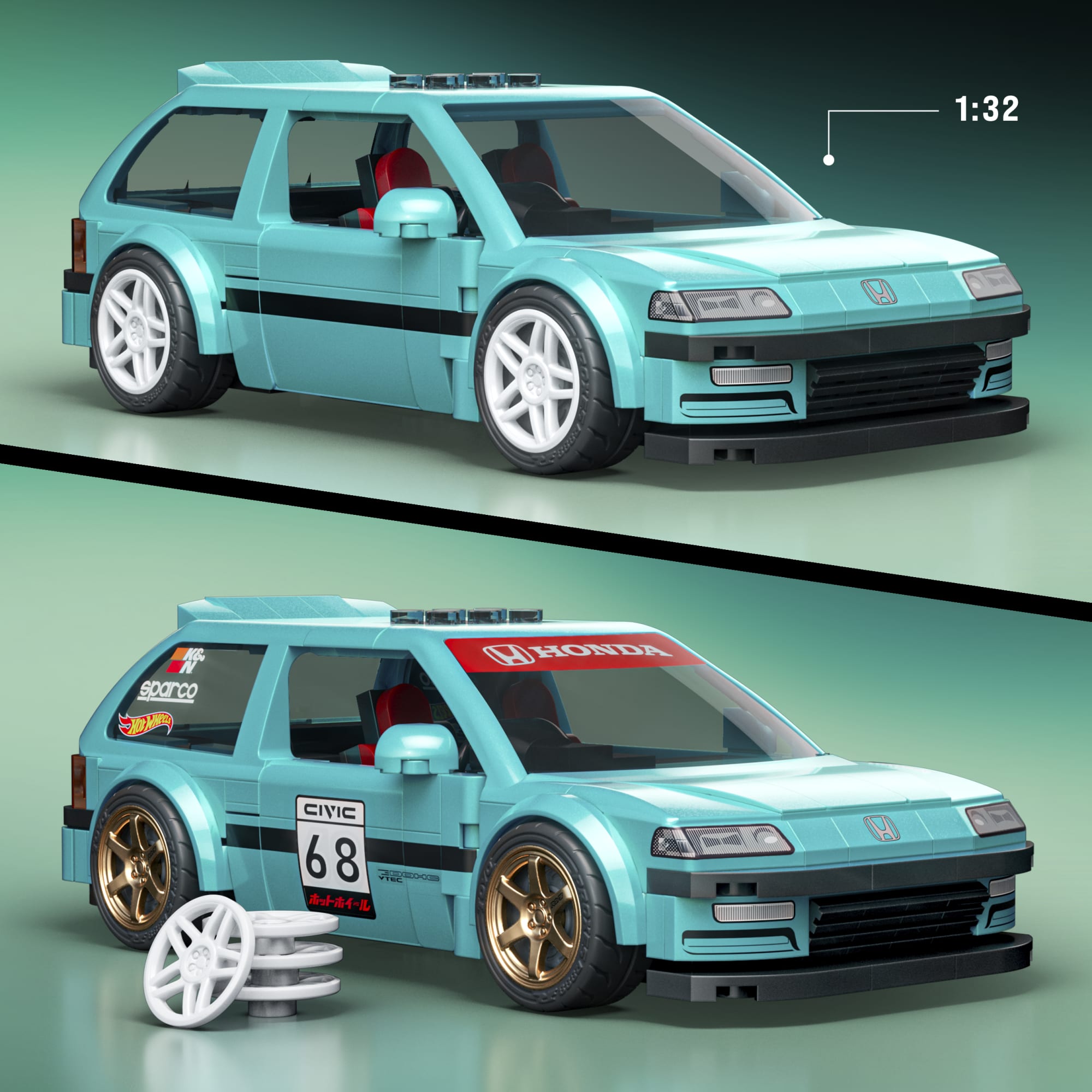 ホットウィール ブリックショップ カスタム '90 ホンダ シビック EF Mattel Brick Shop Hot Wheels Custom '90 Honda Civic EF Building