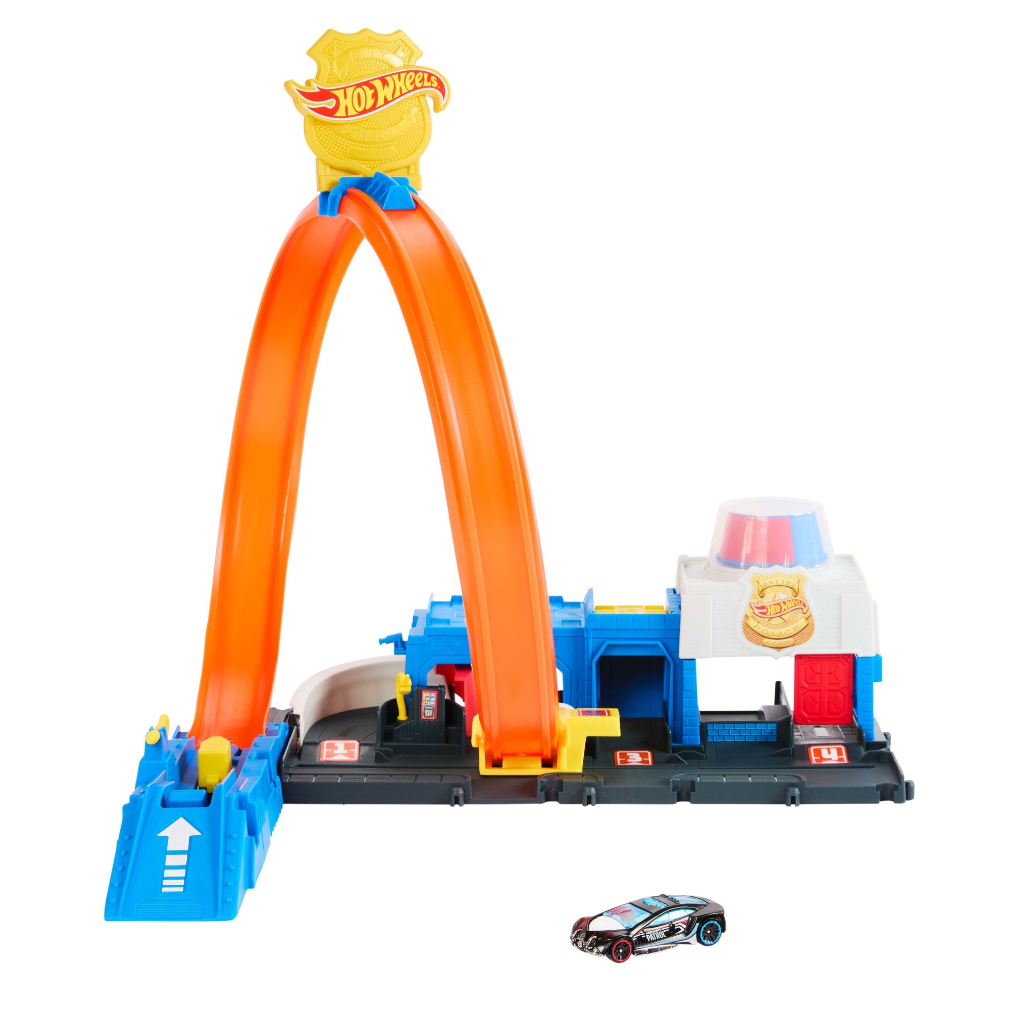 Set Hot Wheels Supercomisaría De Policía Con Looping Ajustable Y Coche Metálico 1:64 Para Carreras Locas
