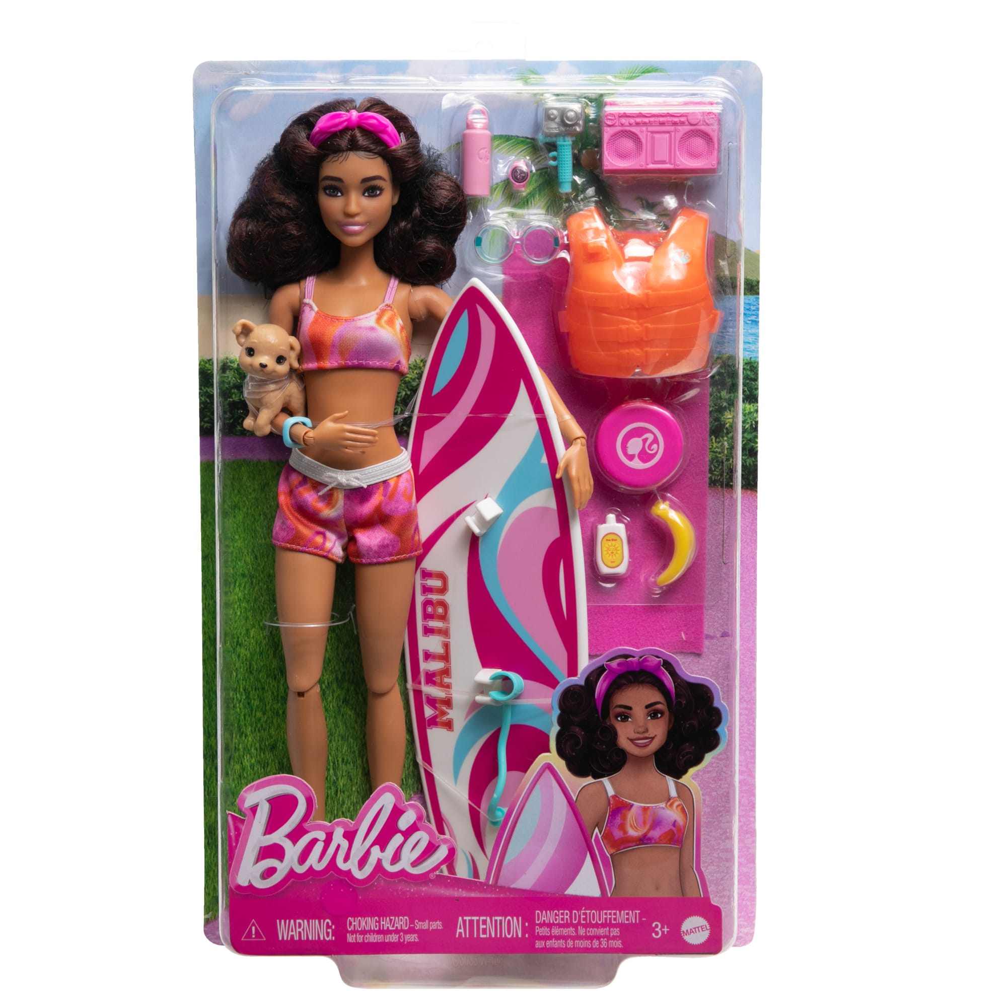 Muñeca Barbie con tabla de surf y cachorro, muñeca Barbie morena con  temática playera y puntos de articulación | HPL69 | MATTEL