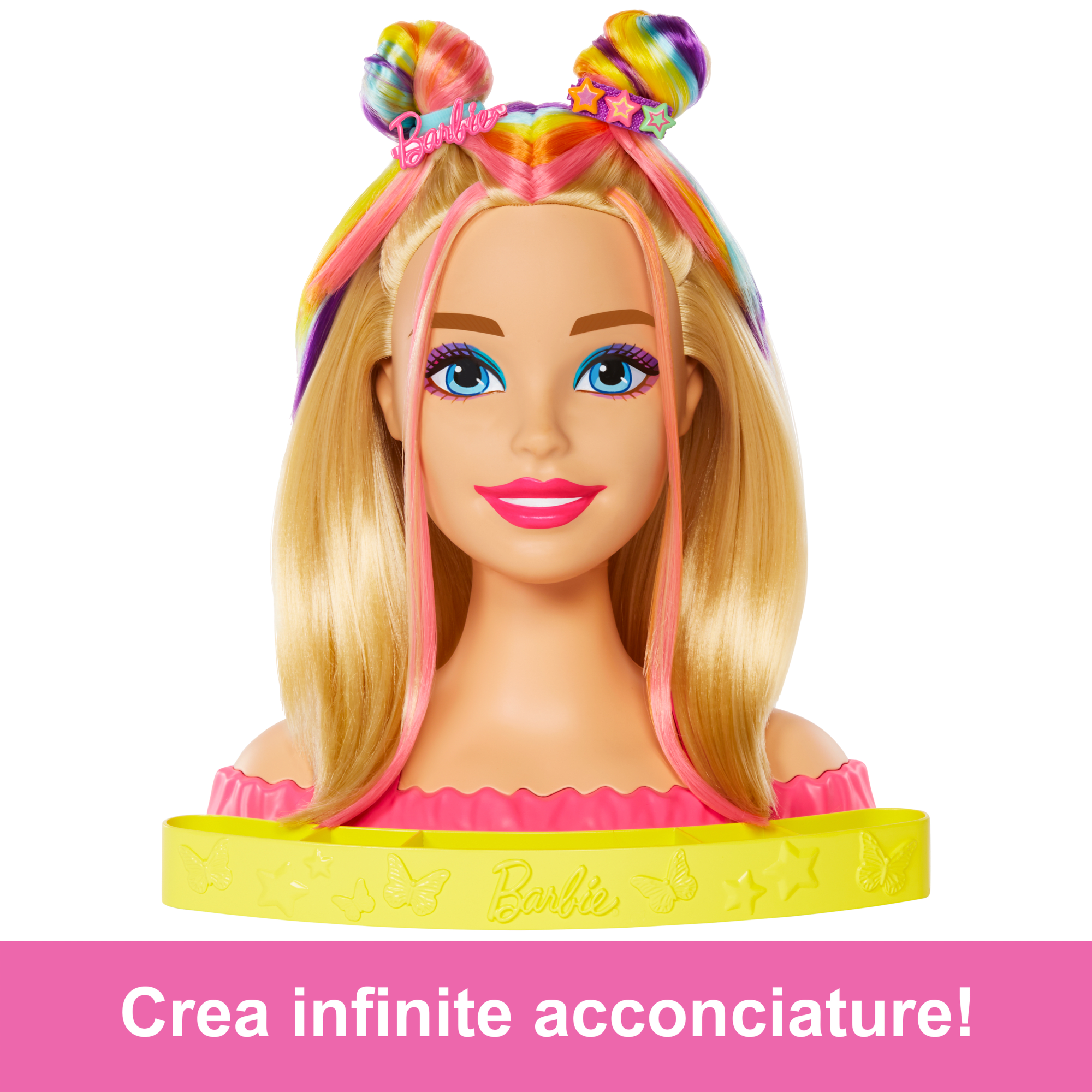 Barbie - Styling Head Capelli Arcobaleno, testa pettinabile con capelli  biondi e ciocche arcobaleno fluo da acconciare, HMD78