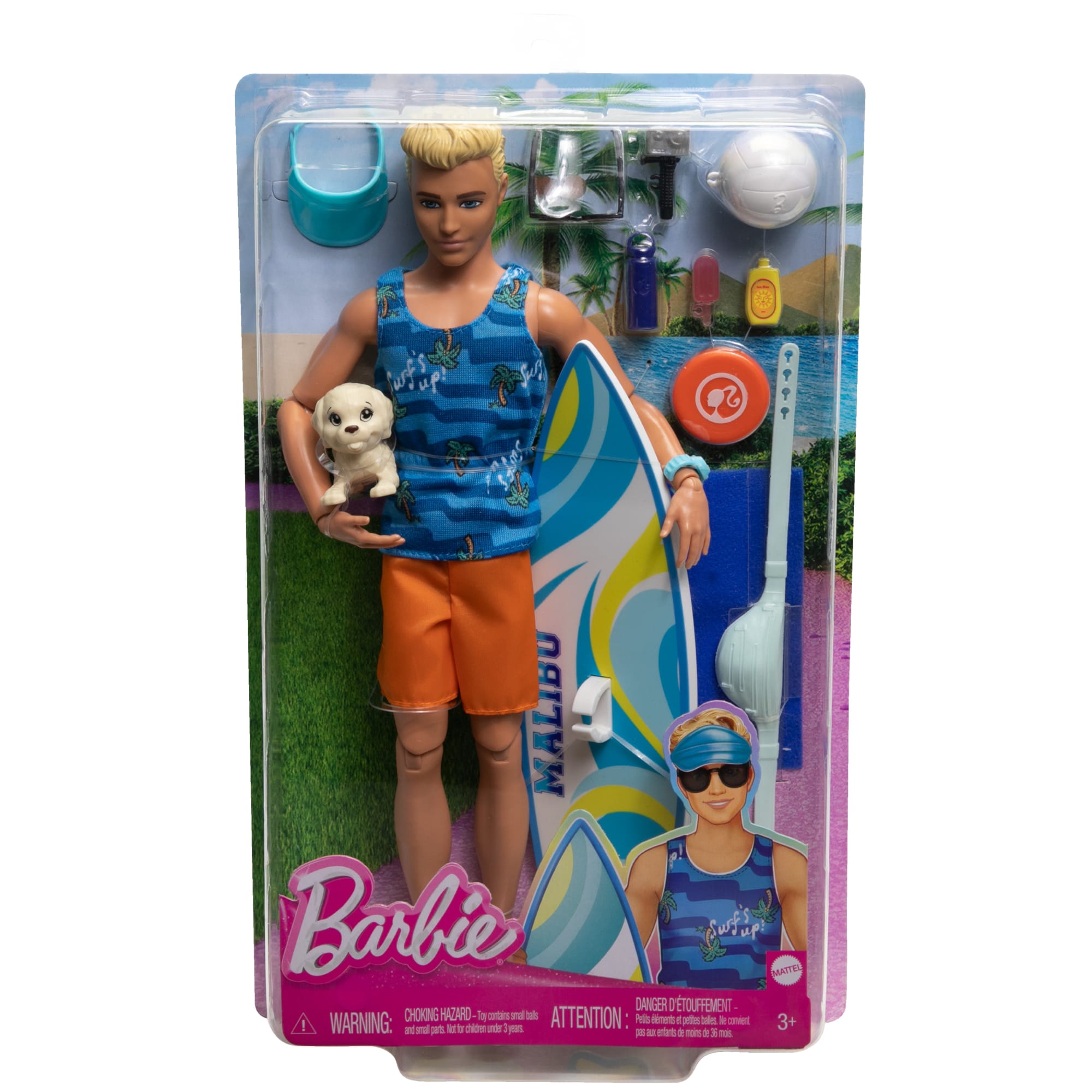 Barbie Coffret Surf Ken Poupee blonde articulee planche de surf chiot et accessoires HPT50 MATTEL