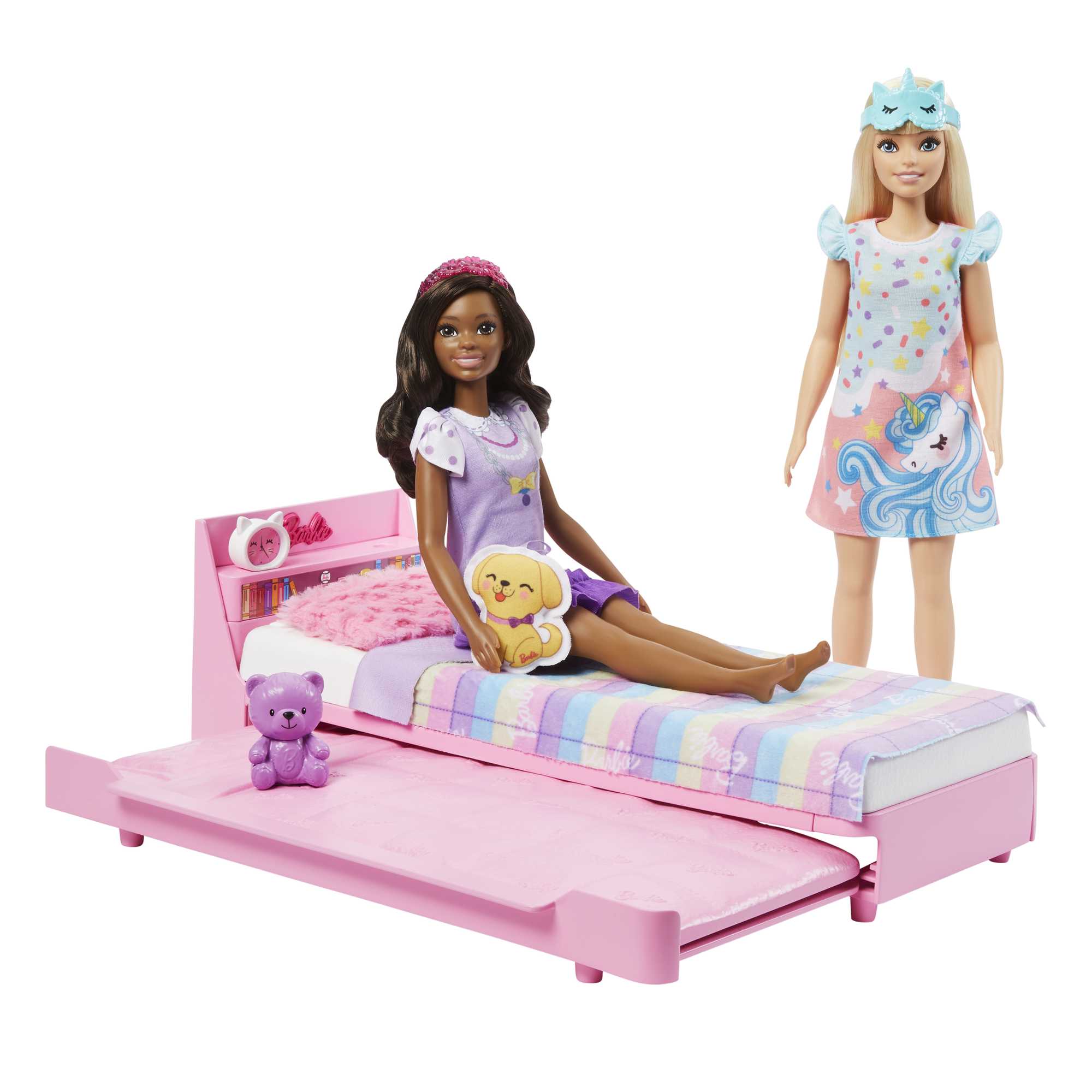 Barbie - Set Camera da letto di Barbie, include una bambola in pigiama rosa  e pantofole, un